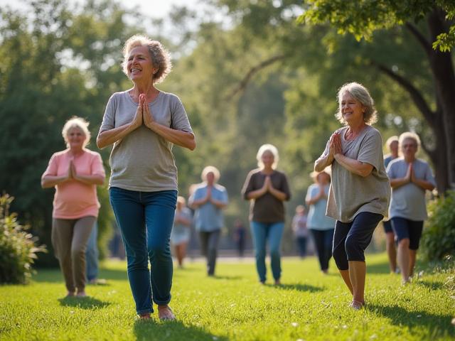 Group of diverse adults practicing gentle yoga outdoors